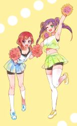 Rule 34 | 10s, 2girls, ;d, arm up, armpits, bad id, bad twitter id, bike shorts, blue skirt, breasts, cheerleader, cleavage, crop top, crop top overhang, green eyes, green skirt, highres, kneehighs, large breasts, long hair, love live!, love live! school idol project, medium breasts, midriff, multiple girls, navel, nishikino maki, one eye closed, open mouth, pleated skirt, pom pom (cheerleading), purple eyes, purple hair, red hair, shiny skin, shoes, short twintails, shorts, shorts under skirt, skirt, smile, sneakers, socks, sweatdrop, taka8033, thighhighs, tojo nozomi, twintails, white legwear, yellow background