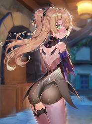 Rule 34 | 1girl, ass, back, bare shoulders, black thighhighs, blonde hair, breasts, dress, elbow gloves, eyepatch, fischl (genshin impact), from behind, garter straps, genshin impact, gloves, green eyes, hair ornament, hair over one eye, hair ribbon, highres, long hair, looking at viewer, ohihil, open mouth, ribbon, single thighhigh, small breasts, solo, thighhighs, two side up