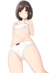 Rule 34 | 1girl, absurdres, black hair, bow, bow panties, bra, breasts, cameltoe, cleft of venus, closed mouth, collarbone, commentary, from below, frown, highres, looking at viewer, marui koishi, navel, original, panties, short hair, simple background, small breasts, solo, standing, swept bangs, thighs, training bra, underwear, underwear only, v-shaped eyebrows, white background, white bra, white panties, yellow eyes