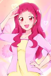 Rule 34 | 1girl, aged up, bad id, bad pixiv id, blunt bangs, blush, commentary, daisy, dress, earrings, flower, hair ornament, hand on own hip, haruzu2000, heart, highres, hugtto! precure, jacket, jewelry, lipstick, long hair, makeup, nono hana, open mouth, pink eyes, pink hair, pink jacket, precure, salute, smile, solo, spoilers, upper body, yellow dress