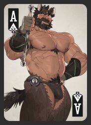 Rule 34 | 1boy, abs, ace (playing card), animal ears, armpit hair, armpit hair peek, bara, bikini briefs, body fur, bracer, brown male underwear, bulge, card, card (medium), chest tuft, feet out of frame, gloves, highres, holding, horse boy, horse ears, horse tail, large pectorals, looking at viewer, male focus, male pubic hair, male underwear, mature male, muscular, muscular male, navel, navel hair, nipples, one eye closed, original, pectorals, penis, penis peek, playing card, pubic hair, seductive smile, short hair, smile, solo, standing, stomach, strongman waist, tail, thick eyebrows, thick thighs, thighs, tooboshoo, topless male, underwear