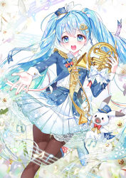 Rule 34 | 1girl, :d, beamed eighth notes, blue eyes, blue hair, blue headwear, blue jacket, boots, bow, brown pantyhose, collared shirt, commentary request, eighth note, epaulettes, eyebrows hidden by hair, french horn, hair between eyes, hair ornament, hairclip, hat, hatsune miku, highres, holding, holding instrument, instrument, jacket, long hair, looking at viewer, mini hat, mini shako cap, musical note, open mouth, outstretched arm, pantyhose, pleated skirt, quarter note, rabbit yukine, shirt, siloteddy, skirt, smile, standing, standing on one leg, teeth, tilted headwear, twintails, upper teeth only, very long hair, vocaloid, white bow, white footwear, white shirt, white skirt, x hair ornament, yuki miku, yuki miku (2020)