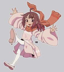 Rule 34 | 1girl, :d, ahoge, brown dress, brown eyes, brown hair, brown scarf, commentary request, dress, full body, grey background, long sleeves, mawaru (mawaru), open mouth, original, outline, outstretched arms, pantyhose, scarf, shoe soles, shoes, simple background, smile, solo, spread arms, white outline, white pantyhose, wide sleeves