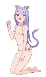 Rule 34 | 1girl, animal ears, bare arms, bare legs, bare shoulders, barefoot, bikini, blush, breasts, cat ears, cat girl, cat tail, claw pose, full body, hair between eyes, hand up, kneeling, long hair, navel, open mouth, original, purple eyes, purple hair, saiste, side-tie bikini bottom, simple background, small breasts, solo, sweat, swimsuit, tail, tail raised, very long hair, white background, white bikini