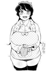 Rule 34 | 1girl, apron, blush, breasts, fat, female focus, filia (skullgirls), fukumaaya, huge breasts, looking at viewer, monochrome, open mouth, plump, samson (skullgirls), simple background, skullgirls, smile, solo, thick thighs, thighs, wide hips