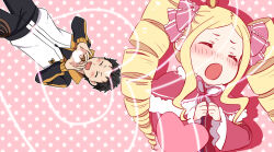 1boy 1girl beatrice_(re:zero) black_hair black_pants black_sleeves blonde_hair blush bow bucchigiri?! closed_eyes dress drill_hair hair_bow jacket long_hair love_je_t&#039;aime mimo_(amimo0805) natsuki_subaru neck_ribbon open_mouth pants pink_background pink_bow pink_dress pink_ribbon re:zero_kara_hajimeru_isekai_seikatsu ribbon simple_background smile twin_drills very_long_hair white_jacket