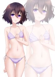 Rule 34 | 1girl, absurdres, bikini, blush, breasts, brown hair, closed mouth, highres, levana violette (lusan666), lusan666, navel, original, purple eyes, short hair, small breasts, stomach, striped bikini, striped clothes, swimsuit, white background