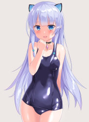 Rule 34 | 1girl, animal ears, bare shoulders, black choker, bodysuit, cat ears, choker, collarbone, commentary request, dress, highres, indie virtual youtuber, long hair, mitsuki awano, naka (cheeseyeast), one-piece swimsuit, open mouth, see-through bodysuit, shiny clothes, skin tight, solo, swimsuit, virtual youtuber