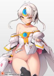 Rule 34 | 1girl, ass, bad id, bad pixiv id, bare shoulders, black thighhighs, blush, braid, breasts, chinese commentary, choker, clothes lift, clothes pull, code: empress (elsword), collarbone, commentary request, cowboy shot, dress, dress lift, dress pull, elsword, eve (elsword), facial mark, forehead jewel, french braid, gluteal fold, lifting own clothes, long hair, looking at viewer, md5 mismatch, nipples, no bra, no panties, parted lips, patreon username, puffy sleeves, pussy, resolution mismatch, revision, simple background, small breasts, smile, solo, standing, strapless, strapless dress, thigh gap, thighhighs, waero, white dress, white hair, yellow choker, yellow eyes