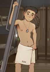 Rule 34 | 1boy, black hair, body hair, character request, dog tags, earth defense force, highres, looking at viewer, male focus, nipples, scar, sladerang, solo, towel