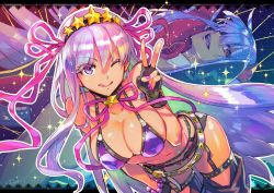 Rule 34 | 2girls, absurdres, bare shoulders, bb (fate), bb (fate) (all), bb (swimsuit mooncancer) (fate), bb (swimsuit mooncancer) (second ascension) (fate), bead bracelet, beads, belt, bikini, black coat, black gloves, black legwear, black shorts, bracelet, breasts, cleavage, closed mouth, coat, collar, collarbone, dark-skinned female, dark skin, dual persona, fate/grand order, fate (series), fingerless gloves, gloves, gyaru, hair between eyes, hair ornament, hair ribbon, hairband, hand gesture, highres, jewelry, large breasts, licking lips, long hair, looking at viewer, micro shorts, multiple girls, navel, neck ribbon, one eye closed, open clothes, open coat, open mouth, popped collar, purple bikini, purple eyes, purple hair, purple ribbon, red eyes, red ribbon, redrop, ribbon, short shorts, shorts, smile, sparkle, star (symbol), star hair ornament, studded garter belt, swimsuit, tan, thighhighs, thighs, tongue, tongue out, v, very long hair, white belt