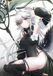 Rule 34 | 1girl, ahoge, arknights, arm up, black footwear, black panties, black shirt, black sleeves, black thighhighs, boots, breasts, covered navel, crocodilian tail, detached sleeves, frown, gloves, goggles, goggles around neck, grey hair, highres, holding, holding staff, long hair, looking at viewer, medium breasts, nyanko960121, panties, partially fingerless gloves, shirt, sleeveless, sleeveless shirt, solo, staff, tail, thighhighs, thighs, tomimi (arknights), underwear, white gloves, yellow eyes