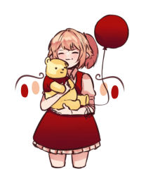 Rule 34 | 1girl, balloon, blonde hair, closed eyes, collared shirt, cropped legs, flandre scarlet, frilled skirt, frills, highres, holding, holding stuffed toy, no headwear, pooh, puffy short sleeves, puffy sleeves, red balloon, red skirt, red vest, shirt, short sleeves, side ponytail, simple background, skirt, smile, solo, stuffed animal, stuffed toy, touhou, upper body, vest, white background, winnie the pooh, yoruny