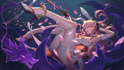 Rule 34 | 1girl, alternate costume, animal ears, artist name, bare legs, black gloves, breasts, citemer, dragon, fake animal ears, falling petals, floating hair, fox tail, genshin impact, gloves, hair between eyes, hand on own head, high heels, highres, holding, holding wand, large breasts, lightning, long hair, looking at viewer, multiple tails, nail polish, parted lips, petals, pink eyes, pink hair, pink nails, rabbit ears, sidelocks, sleeveless, solo, tail, thighs, toenail polish, toenails, wand, yae miko