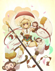Rule 34 | 10s, 1girl, andira (granblue fantasy), animal ears, bare shoulders, barefoot, blonde hair, child, choker, cloud, covering own ears, covering own eyes, covering own mouth, detached pants, detached sleeves, erune, feet, flying nimbus, granblue fantasy, looking at viewer, monkey, monkey ears, monkey girl, monkey tail, nana-ine, petals, red eyes, see-through, short hair, solo, staff, tail, thighhighs, thighs, three monkeys, toes