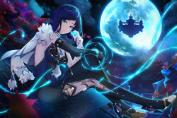 Rule 34 | 1girl, asymmetrical gloves, black footwear, black gloves, black pants, blue eyes, blue hair, blue jacket, boots, breasts, chinese wolfberry, closed mouth, fingerless gloves, full body, full moon, genshin impact, gloves, highres, holding, jacket, looking at viewer, medium breasts, moon, night, on roof, pants, parted bangs, short hair, sitting on roof, sleeveless, sleeveless jacket, smile, solo, thigh boots, white gloves, yelan (genshin impact)