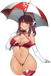 Rule 34 | 1girl, absurdres, asymmetrical footwear, bad id, bad twitter id, bikini, bikini top only, black panties, blush, boots, breasts, choker, cleavage, clothes writing, cowboy shot, criss-cross halter, cropped legs, curvy, dark-skinned female, dark skin, elbow gloves, girls&#039; frontline, gloves, hair ribbon, halterneck, highleg, highleg panties, highres, holding, holding umbrella, large breasts, looking at viewer, midriff, navel, official alternate costume, one side up, panties, parted lips, purple hair, race queen, red footwear, ribbon, saiga-12 (crimson navigator) (girls&#039; frontline), saiga-12 (girls&#039; frontline), saru (monkey magic3), sidelocks, simple background, single thigh boot, smile, solo, sweat, swimsuit, thigh boots, thighhighs, umbrella, underwear, uneven footwear, white background, white gloves, yellow eyes