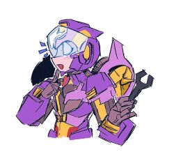 Rule 34 | 1girl, autobot, blue eyes, blush, finger to own chin, holding, holding wrench, mecha, nautica (transformers), robot, simple background, sketch, smile, solo, the transformers (idw), transformers, upper body, white background, wrench, yesheng zong ren