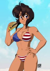 Rule 34 | 0tacat, 1girl, absurdres, american flag bikini, american flag print, artist name, bikini, blue background, blue eyes, breasts, brown hair, burger, commentary, contrapposto, cowboy shot, dark-skinned female, dark skin, day, eating, english commentary, flag print, food, gunsmith cats, highres, large breasts, navel, official style, outdoors, print bikini, rally vincent, retro artstyle, short hair, side-tie bikini bottom, solo, swimsuit, tan, tomboy