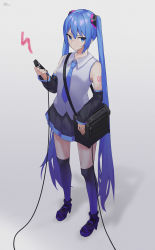 Rule 34 | 1girl, bare shoulders, black skirt, black sleeves, black thighhighs, blue eyes, blue hair, blue necktie, cable, carrying over shoulder, commentary, detached sleeves, full body, grey background, grey shirt, hair ornament, hatsune miku, high heels, highres, holding, holding microphone, long hair, microphone, miniskirt, necktie, osanzi, pleated skirt, shadow, shirt, shoulder tattoo, skirt, sleeveless, sleeveless shirt, solo, speaker, standing, tattoo, thighhighs, tsurime, twintails, very long hair, vocaloid, zettai ryouiki