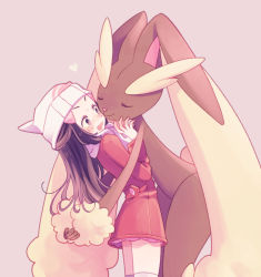Rule 34 | 1girl, beanie, blush, coat, commentary request, creatures (company), dawn (pokemon), eyelashes, fingernails, game freak, gen 4 pokemon, hand up, hat, heart, highres, hug, komasawa (fmn-ppp), long hair, long sleeves, lopunny, nintendo, open mouth, pink background, pokemon, pokemon (creature), pokemon dppt, pokemon platinum, red coat, scarf, simple background, sweatdrop, thighhighs, v-shaped eyebrows