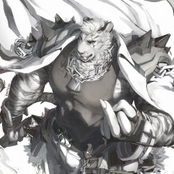 Rule 34 | 1boy, absurdres, animal ears, arknights, armor, bara, black tank top, bounsies, chain necklace, chest hair, covered abs, from above, furry, furry male, highres, jacket, jewelry, large pectorals, male focus, middle finger, mountain (arknights), muscular, muscular male, necklace, open clothes, open jacket, pants, pauldrons, pectorals, scar, scar across eye, scar on face, short hair, shoulder armor, shoulder spikes, solo, spikes, tank top, tiger boy, tiger ears, tiger stripes, white fur, white hair, white jacket, white pants