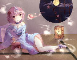 Rule 34 | 1girl, bad id, bad pixiv id, bare shoulders, breasts, bug, butterfly, cleavage, female focus, flower, full body, full moon, ghost, hair flower, hair ornament, highres, insect, japanese clothes, kimono, lantern, lying, moon, obi, off shoulder, on side, open mouth, pink eyes, pink hair, purple socks, round window, saigyouji yuyuko, sash, short hair, smile, socks, solo, tabi, tatami, tepes, touhou, triangular headpiece, window