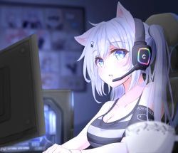 Rule 34 | 1girl, animal ear fluff, animal ears, blue eyes, blue hair, blurry, blurry background, blush, breasts, cat ears, cleavage, collarbone, commentary request, computer, depth of field, grey hair, hair between eyes, hair ornament, hairclip, headphones, highres, long hair, looking at viewer, medium breasts, monitor, mouse (computer), noniyama, open mouth, original, solo, twintails, upper body