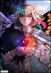 Rule 34 | 1boy, absurdres, blue eyes, blush, butterfly wings, change of heart, cloak, crossover, crown, dark persona, diamond hairband, dragonfly wings, fate/grand order, fate (series), fur-trimmed cloak, fur trim, heart, highres, holding, holding heart, insect wings, looking at viewer, maewenmitzuki, male focus, oberon (fate), oberon (third ascension) (fate), official alternate hair color, smile, solo, split theme, spoilers, symbolism, upper body, wings, yu-gi-oh!
