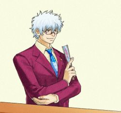 Rule 34 | 1boy, ace attorney, alternate costume, blue necktie, breast pocket, brown eyes, closed mouth, collared shirt, crossed arms, folding fan, formal, gintama, glasses, godzillapigeon1, hair between eyes, hand fan, happy, holding, holding fan, jacket, long sleeves, male focus, necktie, pocket, red-framed eyewear, red jacket, sakata gintoki, semi-rimless eyewear, shirt, short hair, simple background, smile, solo, suit, upper body, v-shaped eyebrows, white hair, yellow background, yellow shirt