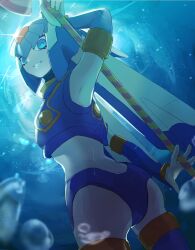 Rule 34 | 1girl, android, armpits, ass, back, blue eyes, blurry, blurry background, blurry foreground, bubble, clenched teeth, depth of field, gloves, helmet, holding, holding polearm, holding weapon, lemon inu, fairy leviathan (mega man), looking at viewer, looking to the side, mega man (series), mega man x (series), mega man x dive, mega man zero (series), polearm, robot, robot girl, smile, solo, spear, sunlight, teeth, thighhighs, underwater, water, water drop, watermark, weapon, white gloves