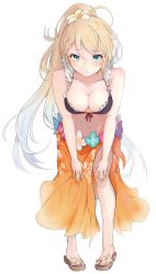 Rule 34 | 1girl, aqua eyes, bare shoulders, bikini, blonde hair, blush, braid, breasts, cleavage, closed mouth, clov3r, collarbone, flower, frilled bikini, frills, full body, g36 (50 days with g36) (girls&#039; frontline), g36 (girls&#039; frontline), girls&#039; frontline, hair flower, hair ornament, highres, leaning forward, long hair, looking at viewer, medium breasts, navel, official alternate costume, ponytail, sandals, solo, standing, swimsuit, white background