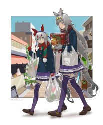 Rule 34 | + +, 2girls, ahoge, animal ears, bag, blue eyes, blush, brown footwear, bucket, buttons, coat, double-breasted, drooling, gloves, grey hair, hairband, headband, holding, holding bag, horse ears, horse girl, horse tail, kfc, loafers, long hair, long sleeves, looking at another, merry christmas, miniskirt, mittens, multiple girls, oguri cap (umamusume), open mouth, outdoors, plastic bag, pleated skirt, purple eyes, purple skirt, purple thighhighs, rongai rongai, scarf, school uniform, shoes, skirt, spring onion, tail, tamamo cross (umamusume), thighhighs, tracen school uniform, umamusume, walking, zettai ryouiki