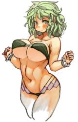 Rule 34 | 1girl, adapted costume, bandeau, bikini, blush, breasts, cleavage, green bikini, green eyes, green hair, large breasts, matching hair/eyes, navel, perky breasts, sachito, short hair, simple background, sketch, soga no tojiko, solo, swimsuit, thick thighs, thighs, touhou, white background, wrist cuffs