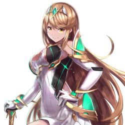 Rule 34 | 1girl, aoi kamogawa, armor, blonde hair, blush, breasts, cleavage, dress, gloves, highres, jewelry, large breasts, long hair, looking at viewer, mythra (xenoblade), nintendo, simple background, smile, solo, sword, weapon, white background, xenoblade chronicles (series), xenoblade chronicles 2, xenoblade chronicles (series), xenoblade chronicles 2, yellow eyes