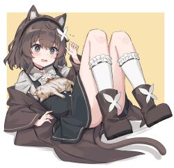 1girl :d animal_ear_fluff animal_ears black_dress blush boots brown_boots brown_coat brown_hair cat cat_day cat_ears cat_girl cat_tail coat collared_shirt dress flying_sweatdrops full_body grey_eyes hand_up hashtag-only_commentary highres knees_up kurioshi_fio lying nervous_smile on_back open_clothes open_coat open_mouth original pinafore_dress satou_(3366_s) shirt short_hair sleeveless sleeveless_dress smile socks solo tail white_shirt white_socks