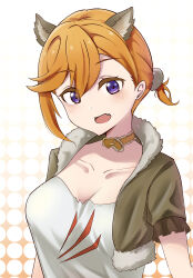 Rule 34 | 1girl, absurdres, alternate hairstyle, animal ears, breasts, brown choker, brown jacket, choker, cleavage, collarbone, commentary request, cropped jacket, extra ears, fang, halloween, highres, jacket, looking at viewer, love live!, love live! superstar!!, medium breasts, open mouth, orange hair, purple eyes, shibuya kanon, shirt, short ponytail, short sleeves, single sidelock, solo, upper body, white background, white shirt, wolf ears, yzlkun