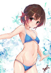 Rule 34 | 1girl, bikini, blue bikini, brown hair, collarbone, commentary request, cowboy shot, gradient hair, groin, kantai collection, looking at viewer, multicolored hair, mutsuki (kancolle), navel, one-hour drawing challenge, outstretched arms, red eyes, red hair, short hair, smile, solo, standing, swimsuit, white background, yanagi wakana