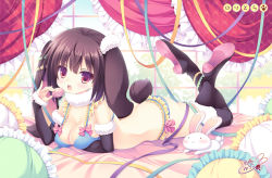 Rule 34 | 1girl, animal ears, bed, boots, bra, brown eyes, brown hair, rabbit, cookie, food, holding, looking at viewer, lying, macaron, navel, on stomach, open mouth, original, panties, polka dot, polka dot bra, polka dot panties, rabbit ears, rabbit tail, ribbon, solo, tail, thigh boots, thighhighs, tsukishima yuuko, underwear, underwear only