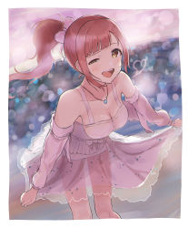 Rule 34 | 1girl, absurdres, bare legs, bare shoulders, blunt bangs, blurry, blurry background, blush, bokeh, border, bow, breasts, brown hair, cleavage, collarbone, depth of field, detached sleeves, feet out of frame, floating hair, glint, hair bow, heart, highres, idolmaster, idolmaster cinderella girls, igarashi kyoko, jewelry, layered skirt, leaning forward, long sleeves, looking at viewer, medium breasts, necklace, ocean, off shoulder, out of frame, ponytail, round teeth, sanshoku dango (ahxf3842), see-through silhouette, skirt, skirt hold, smile, solo, teeth, uneven eyes, white border
