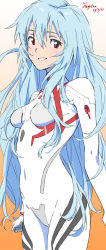 Rule 34 | 1girl, absurdres, alternate hair length, alternate hairstyle, ayanami rei, blue hair, bodysuit, breasts, commentary request, dated, evangelion: 3.0+1.0 thrice upon a time, highres, illust audio, long hair, looking at viewer, messy hair, neon genesis evangelion, plugsuit, rebuild of evangelion, red eyes, sidelocks, signature, small breasts, smile, solo, spoilers, very long hair