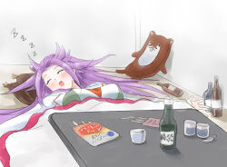 Rule 34 | 1girl, bokukawauso, bottle, breasts, closed eyes, glass, jun&#039;you (kancolle), kantai collection, kitagawa mikio, kotatsu, large breasts, long hair, lying, one-hour drawing challenge, open mouth, purple hair, sake bottle, sleeping, solo, spiked hair, stuffed otter, table, zzz