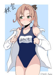 Rule 34 | 1girl, :t, absurdres, akigumo (kancolle), alternate costume, blue background, blue one-piece swimsuit, blush, breasts, brown hair, collarbone, cowboy shot, embarrassed, green eyes, hair ribbon, highres, kantai collection, long hair, long sleeves, medium breasts, nabe tanuki, name tag, one-piece swimsuit, ponytail, ribbon, school swimsuit, shirt, swimsuit, swimsuit under clothes, twitter username, two-tone background, white background