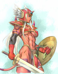 Rule 34 | 1girl, abs, amazon warrior, armor, bikini armor, blue eyes, chunsoft, colored skin, dragon quest, dragon quest iii, dragon quest x, dynamite-kit, elbow gloves, enix, gloves, helmet, horns, long hair, midriff, muscular, muscular female, ogre (dq10), red armor, red skin, shield, silver hair, soldier (dq3), spikes, sword, tail, thigh strap, warrior, weapon, winged helmet