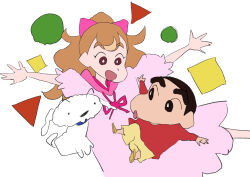 1boy 1girl black_eyes black_hair bow brown_eyes brown_footwear brown_hair child crayon_shin-chan crossover dog dress gya-tei hair_bow highres hooded_dress inukai_komugi long_hair nohara_shinnosuke open_mouth pink_bow pink_dress ponytail precure red_shirt shiro_(shin-chan) shirt shoes short_hair short_sleeves shorts smile usui_yoshito_(style) wonderful_precure! yellow_shorts