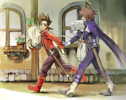 Rule 34 | 00s, 2boys, age difference, brown hair, father and son, kratos aurion, lloyd irving, male focus, multiple boys, red hair, short hair, sio vanilla, tales of (series), tales of symphonia