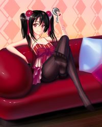 Rule 34 | 10s, 1girl, bare shoulders, black hair, bow, crossed legs, earphones, feet, hair bow, highres, icycore, jewelry, love live!, love live! school idol festival, love live! school idol project, necklace, no shoes, pantyhose, red eyes, short hair, smile, soles, solo, toes, twintails, yazawa nico