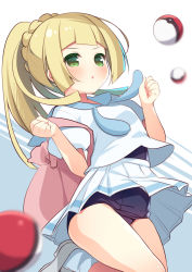 Rule 34 | 1girl, bag, black one-piece swimsuit, blonde hair, blue socks, blush, braid, chestnut mouth, creatures (company), game freak, green eyes, grey footwear, hanamiya natsuka, hands up, lillie (pokemon), loafers, long hair, nintendo, old school swimsuit, one-piece swimsuit, parted lips, pleated skirt, poke ball, poke ball (basic), pokemon, pokemon sm, ponytail, puffy short sleeves, puffy sleeves, school swimsuit, shirt, shoes, short sleeves, skirt, socks, solo, swimsuit, swimsuit under clothes, white shirt, white skirt