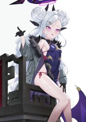 Rule 34 | 1girl, alternate costume, black gloves, black horns, blue archive, blush, breasts, chair, china dress, chinese clothes, coat, demon horns, demon wings, dragon print, dress, feet out of frame, fur-trimmed coat, fur trim, gloves, grey coat, grey hair, halo, highres, hina (blue archive), horns, long hair, multiple horns, open clothes, open coat, open mouth, purple dress, purple eyes, purple wings, rui rubellent, sideboob, simple background, sleeveless, sleeveless dress, small breasts, solo, white background, wings