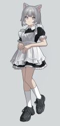 Rule 34 | 1girl, absurdres, animal ears, apron, black dress, black footwear, cat ears, closed mouth, commentary, dress, expressionless, full body, grey background, grey eyes, grey hair, highres, kneehighs, looking at viewer, maid, maid apron, original, shoes, short hair, short sleeves, simple background, socks, solo, standing, standing on one leg, white apron, white socks, zumochi